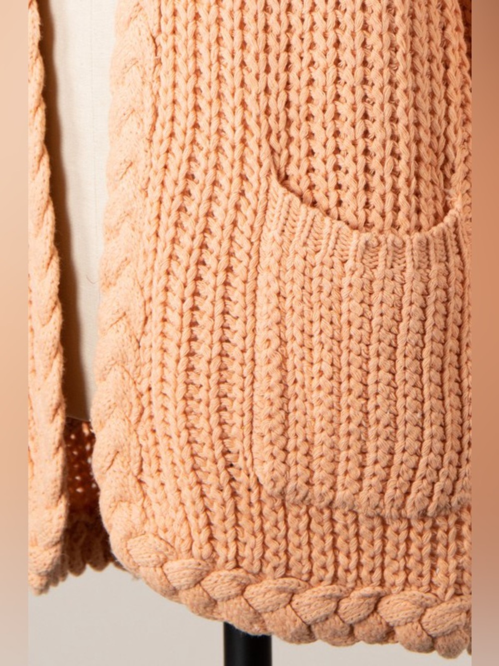 Cable Knit Hooded Cardigan with Braid Trim & Pockets – Peach - Picture 7 of 7